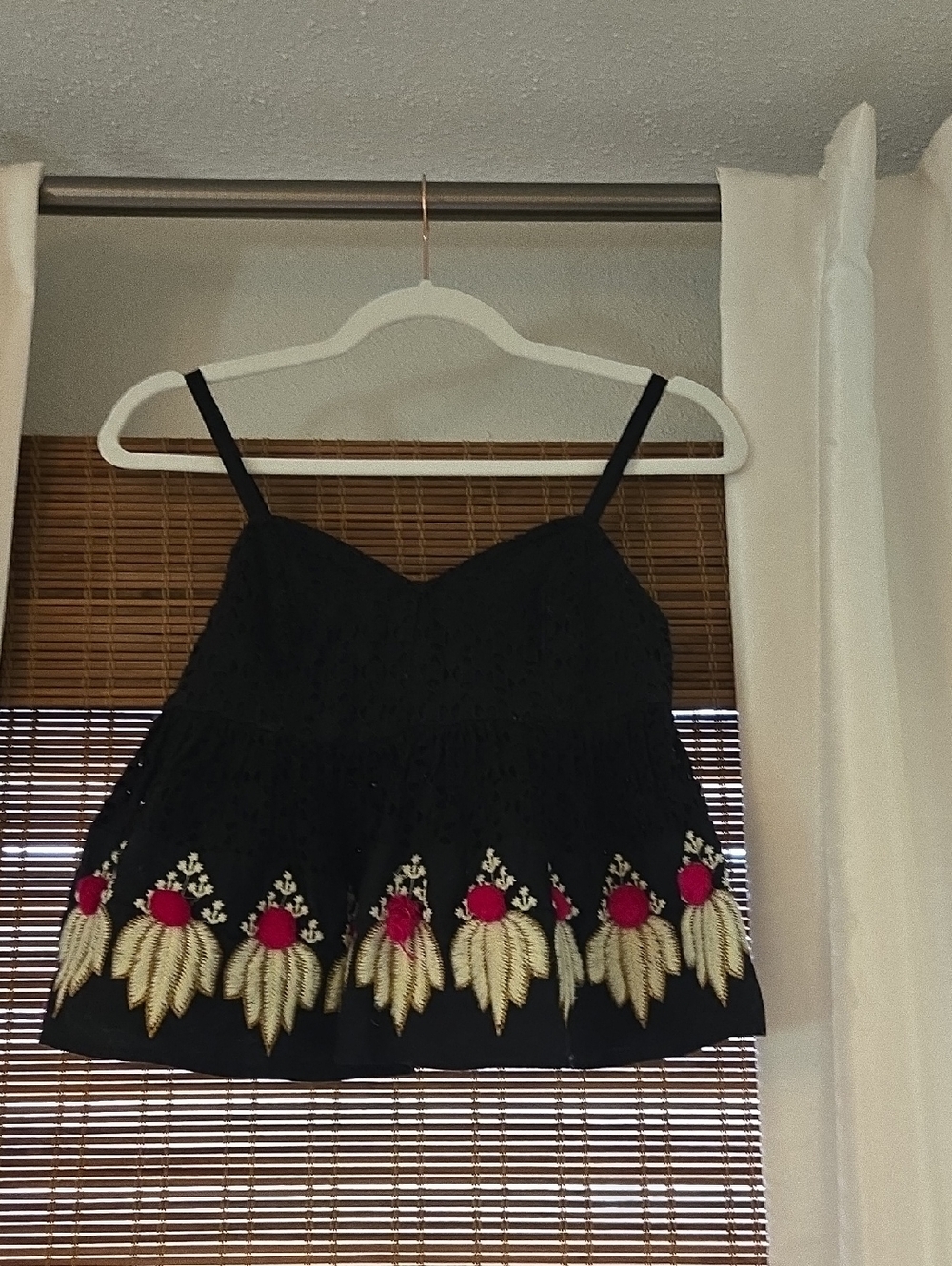 leifsdottir Black Spaghetti Strap Camisole with Gold and Pink Embroidery